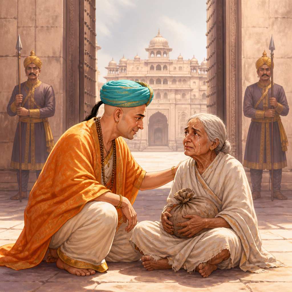 Tenali kneels beside the soldier's widow at the palace gates