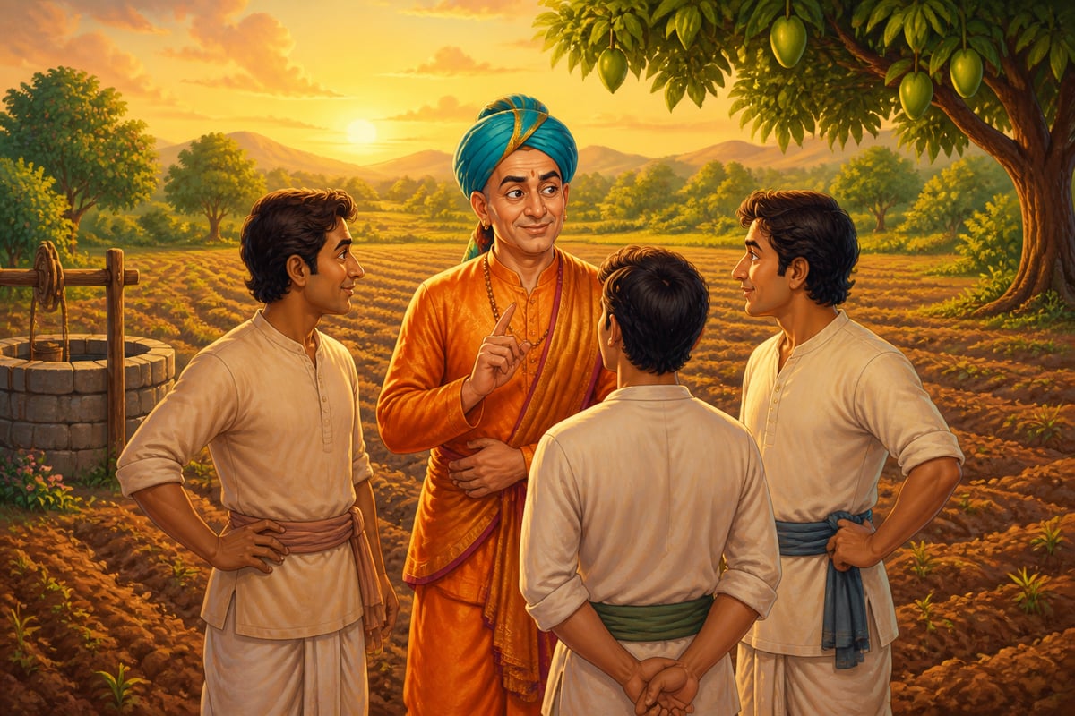 Tenali with the three brothers Ramu, Shyam and Gopi at their inherited field