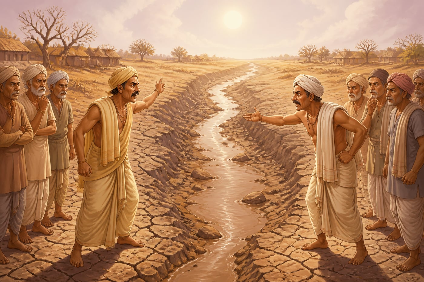 Two village headmen arguing fiercely at a parched riverbed during drought