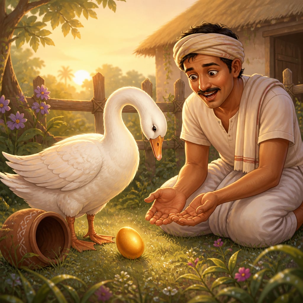 Goose laying a golden mango in Ramu's garden at dawn