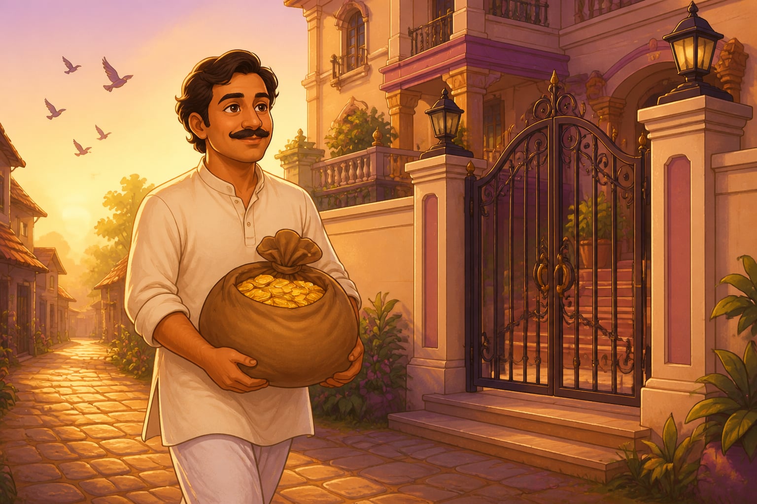 Sundaram returns the bag of gold to the merchant's door