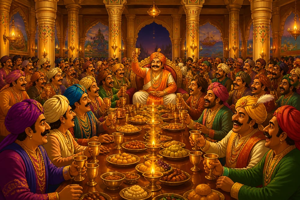 Dhanapati's grand hall packed with a hundred fair-weather friends