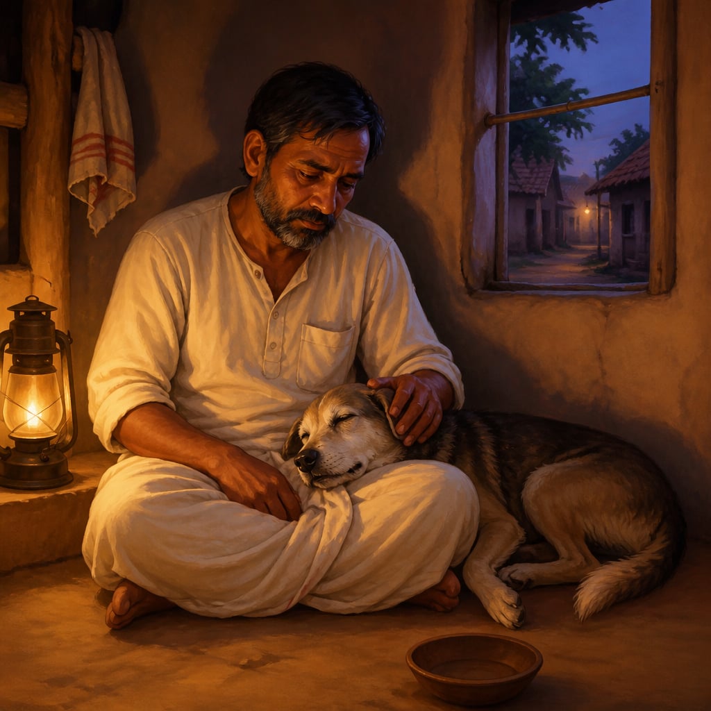 Old dog Moti resting his head on Venkat's lap in a small hut