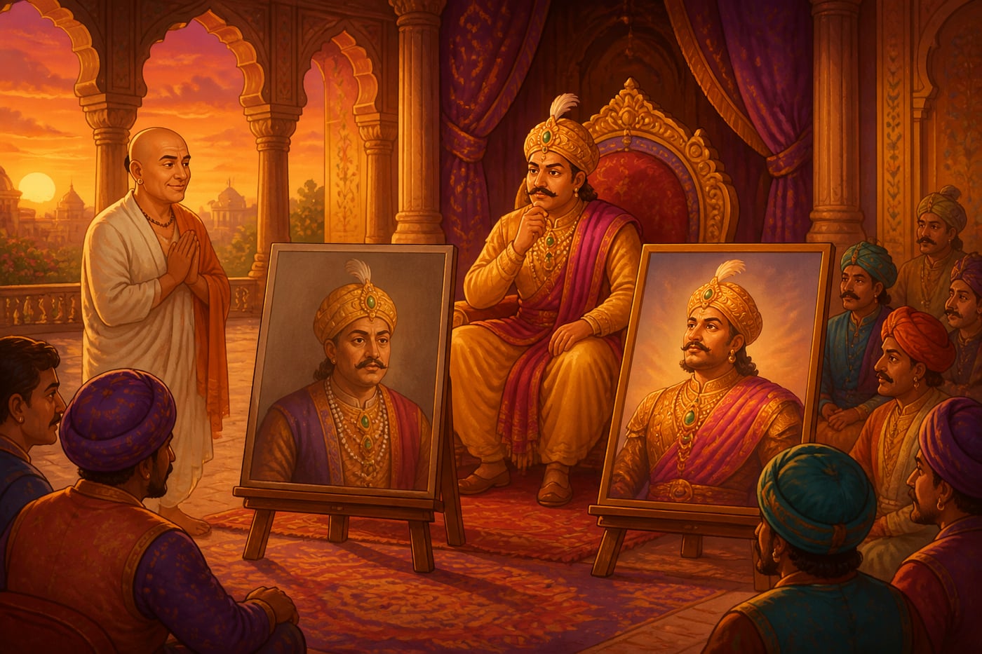 The king studies both paintings calmly side by side
