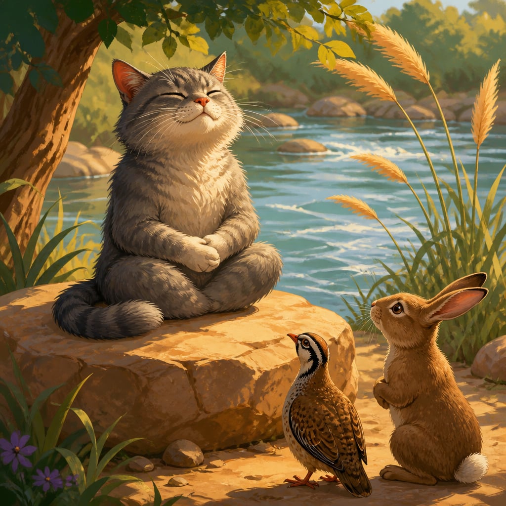 Old cat feigning meditation as a partridge and rabbit step closer