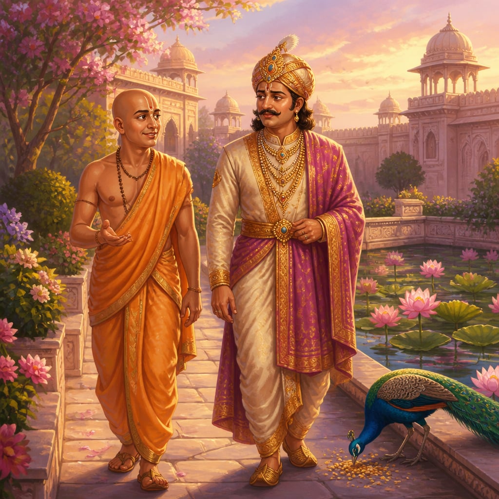 Tenali walking with the king through a quiet dawn garden as his anger fades