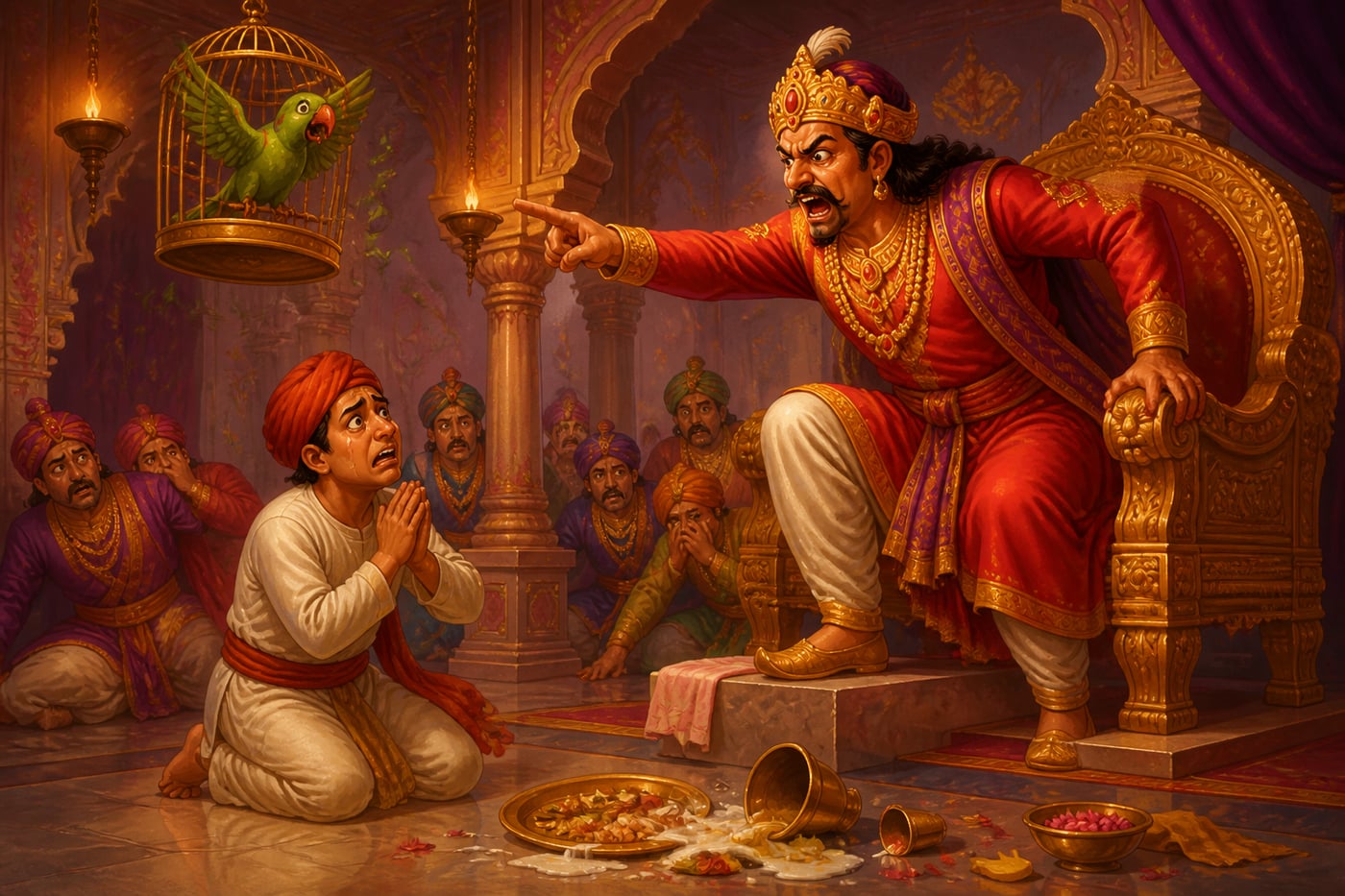 The king in rage orders the servant arrested