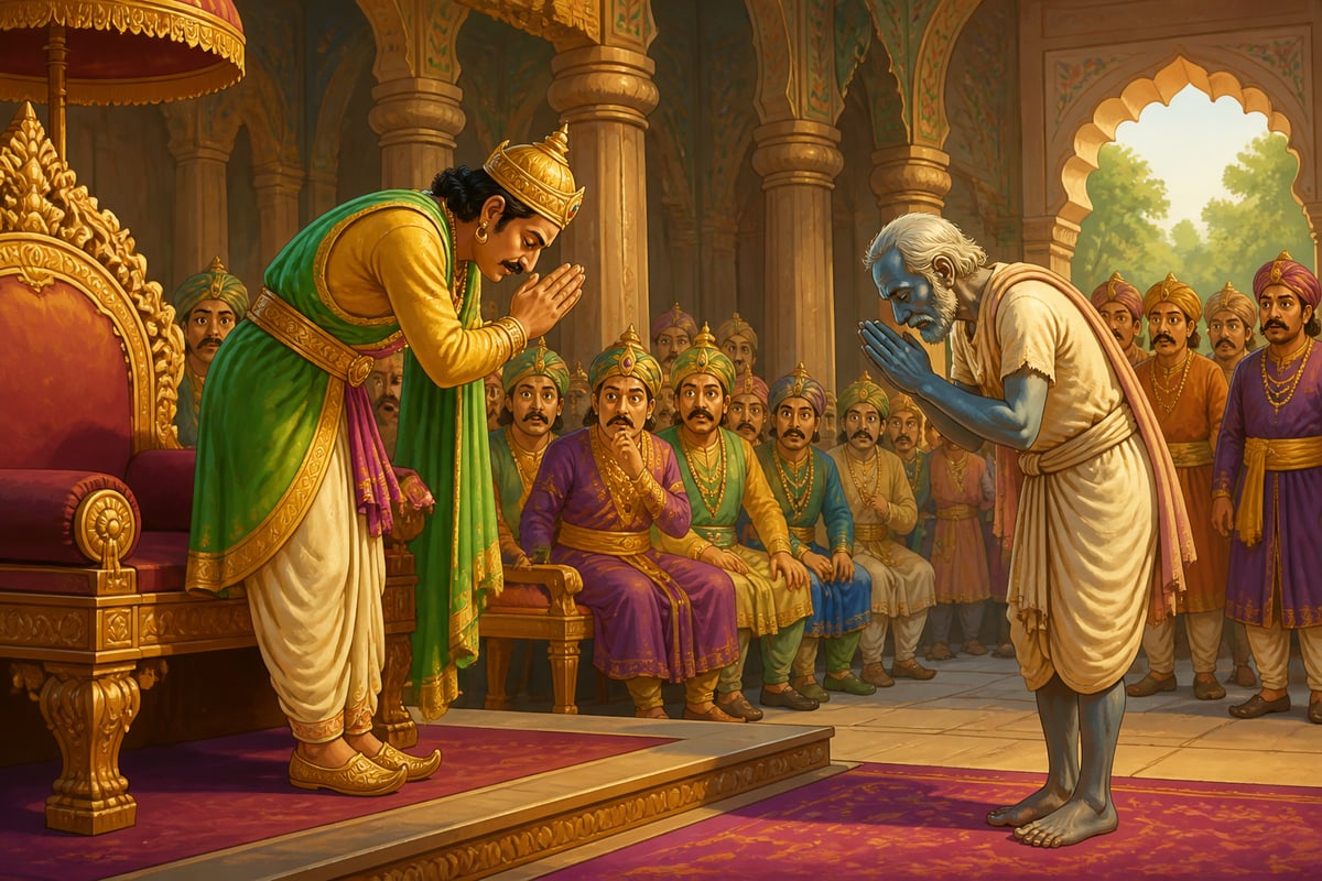 The king rises and bows to Rama Shastri the humble farmer