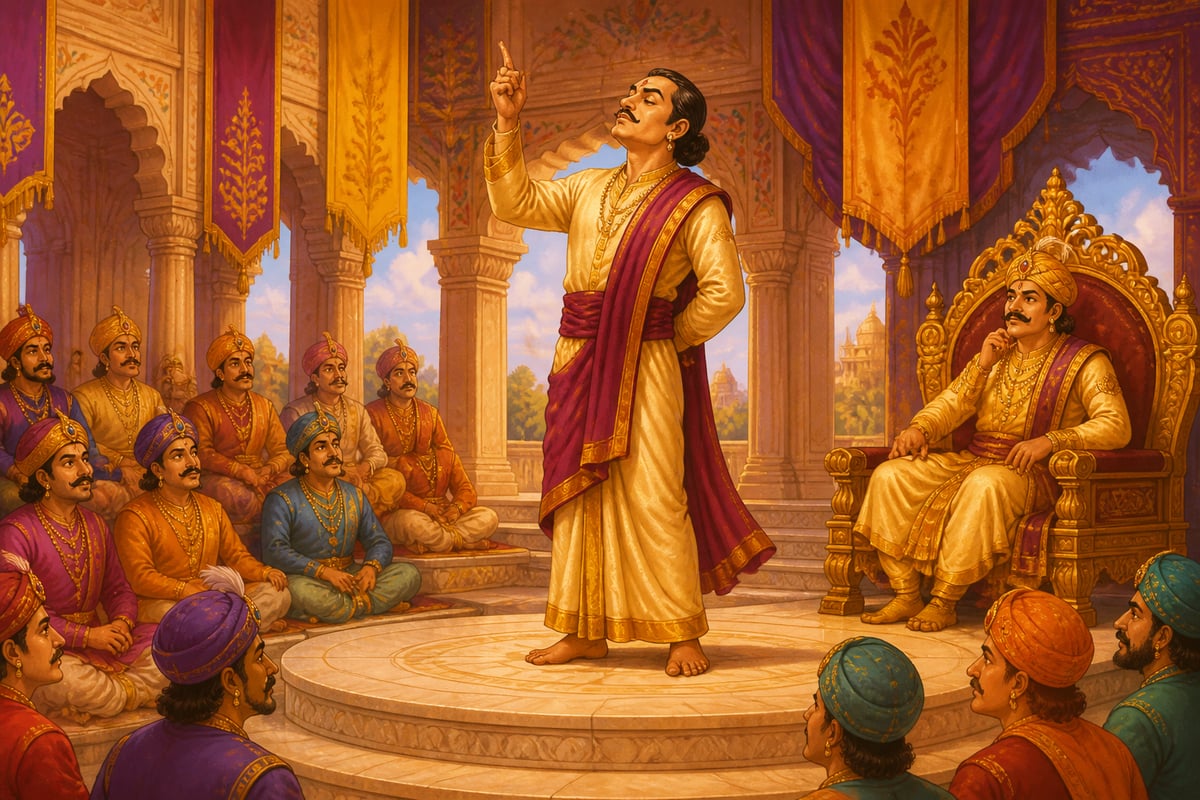 The boastful pandit lectures pompously in the king's court