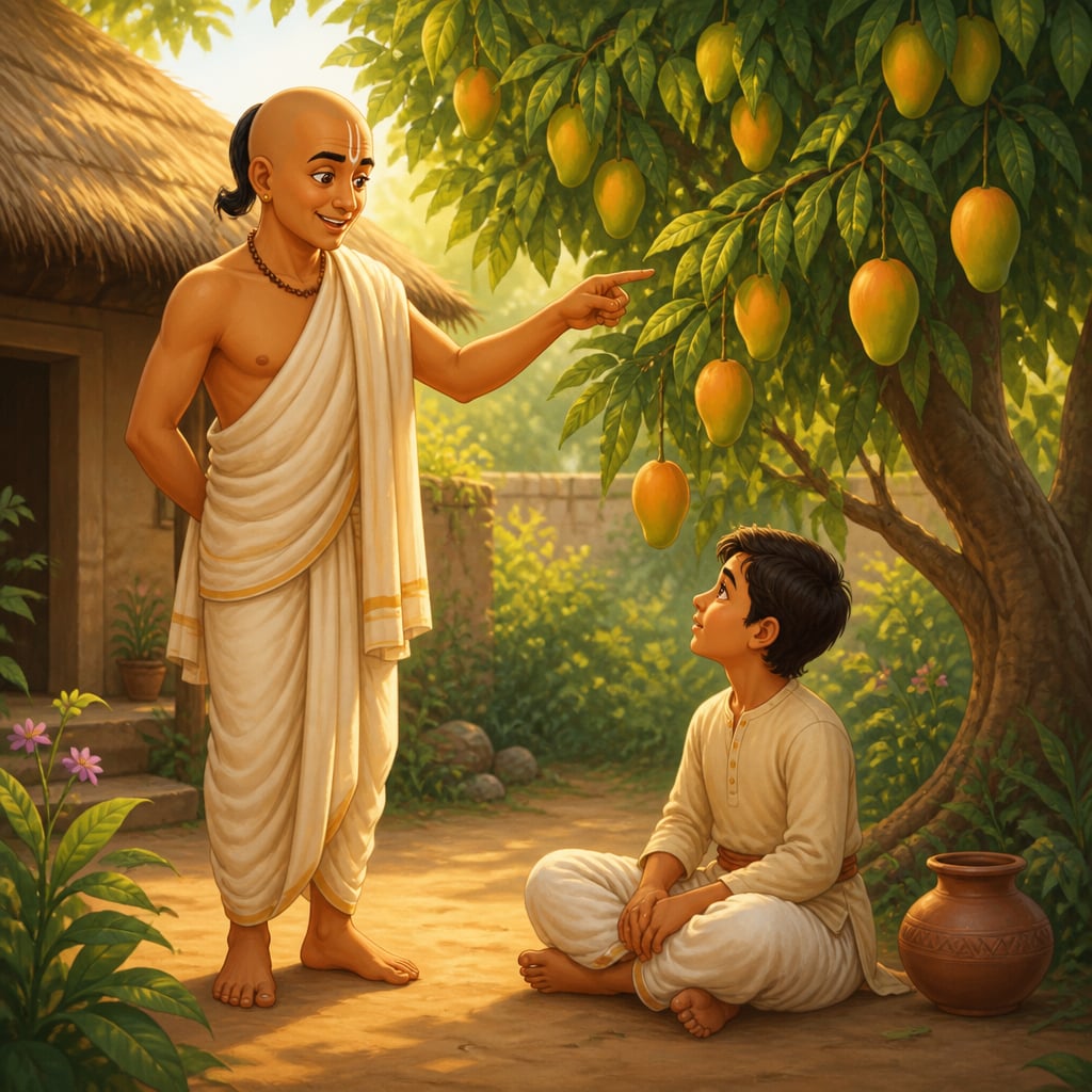 Tenali pointing to a low-bending laden mango tree while a student listens