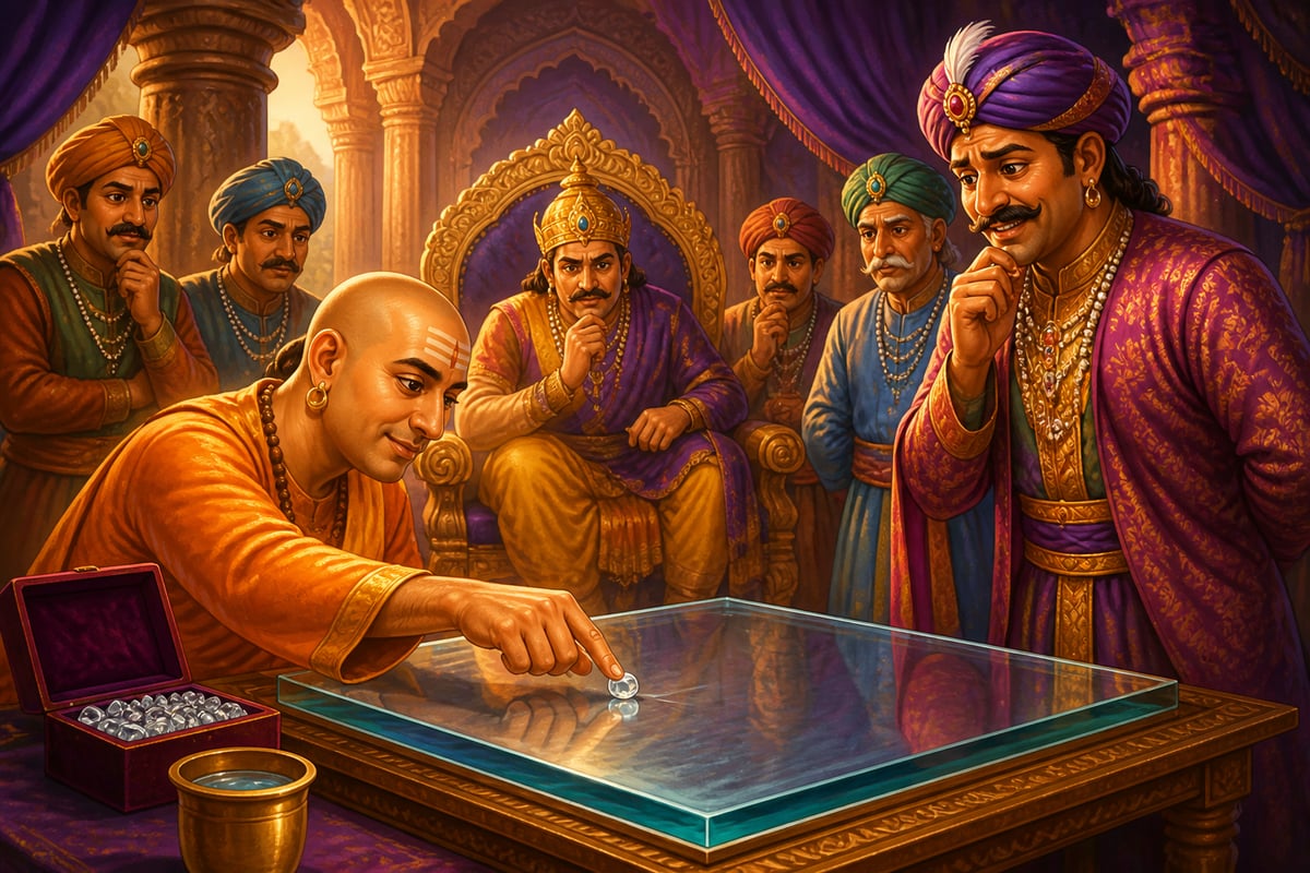 Tenali testing the merchant's diamond by dragging it across glass