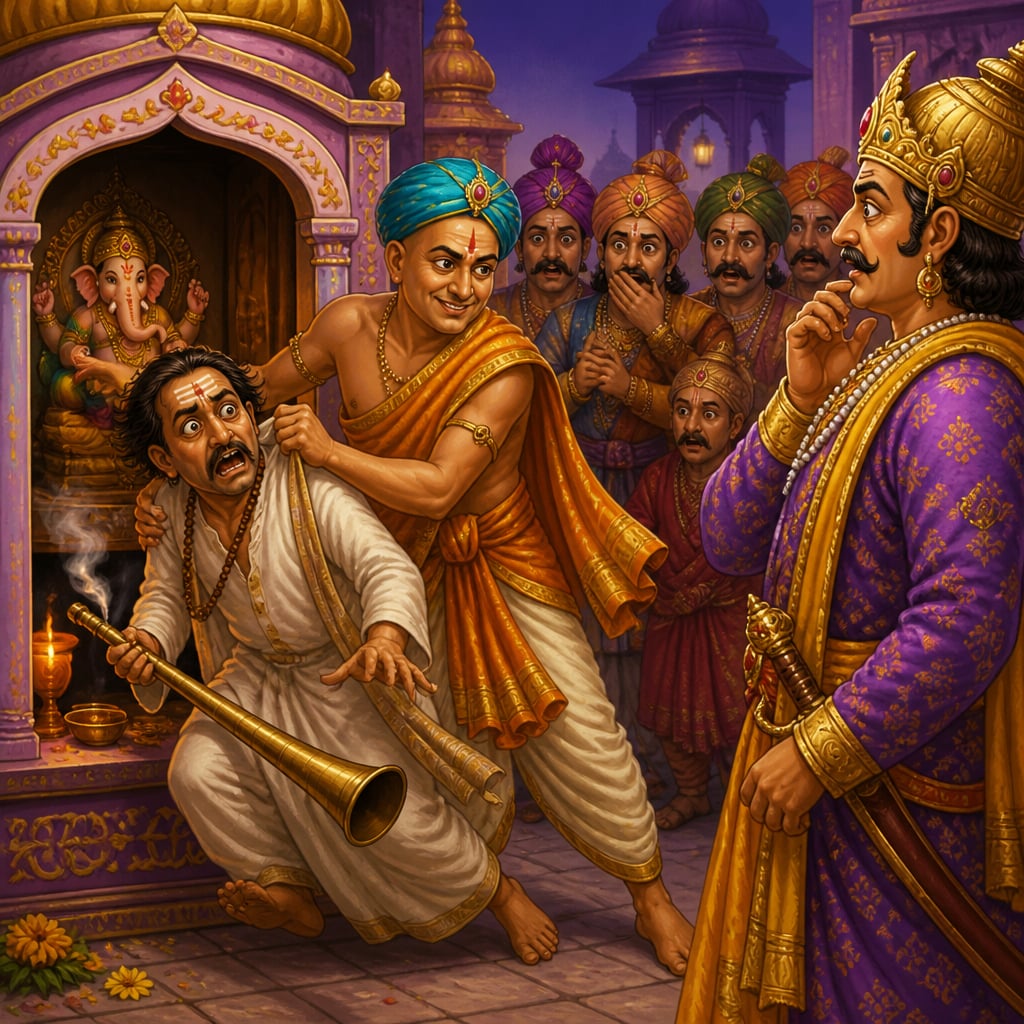 Tenali drags the fraudulent priest with a speaking tube out from behind the Ganesha shrine as the king and courtiers gasp.