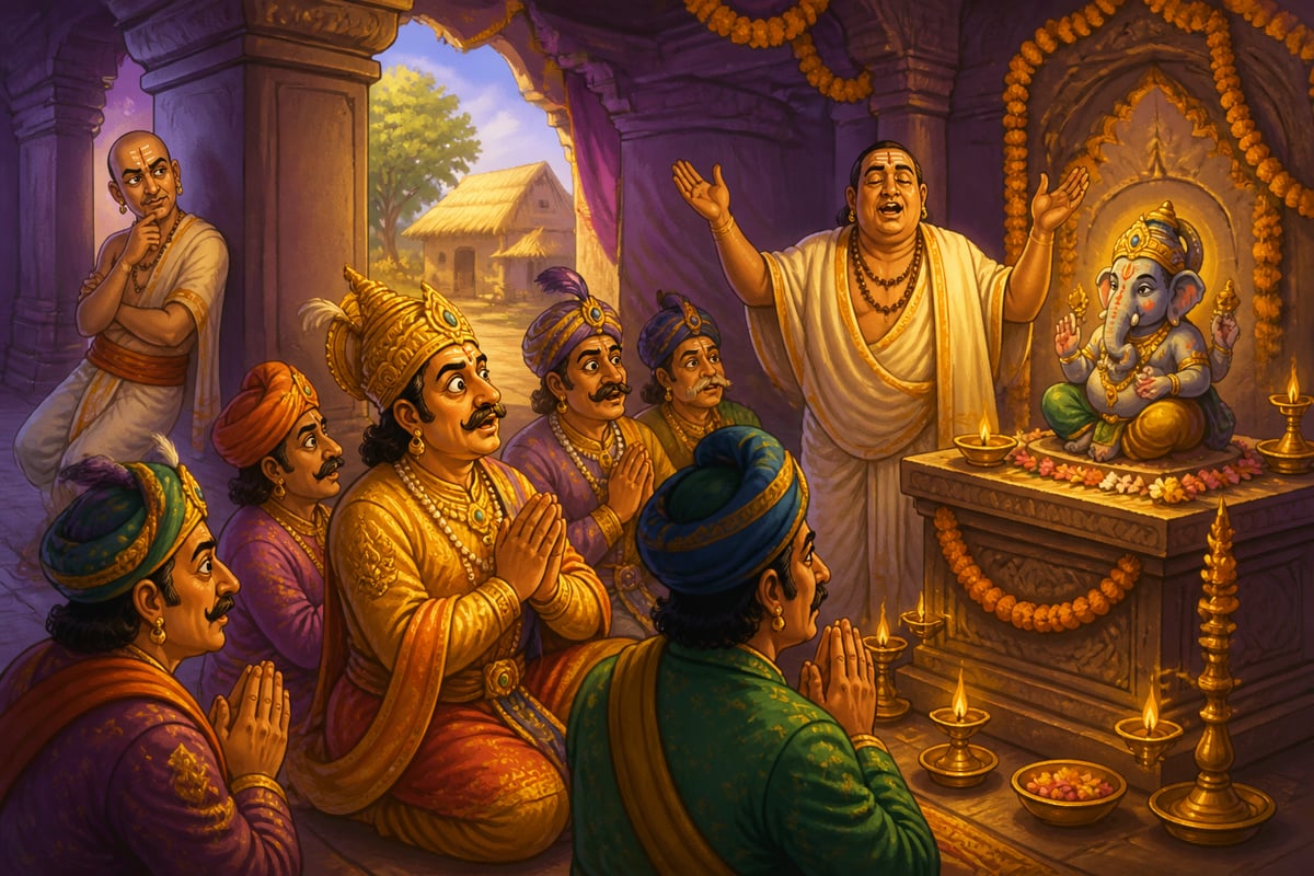 The court gathered in wonder before the booming talking Ganesha statue