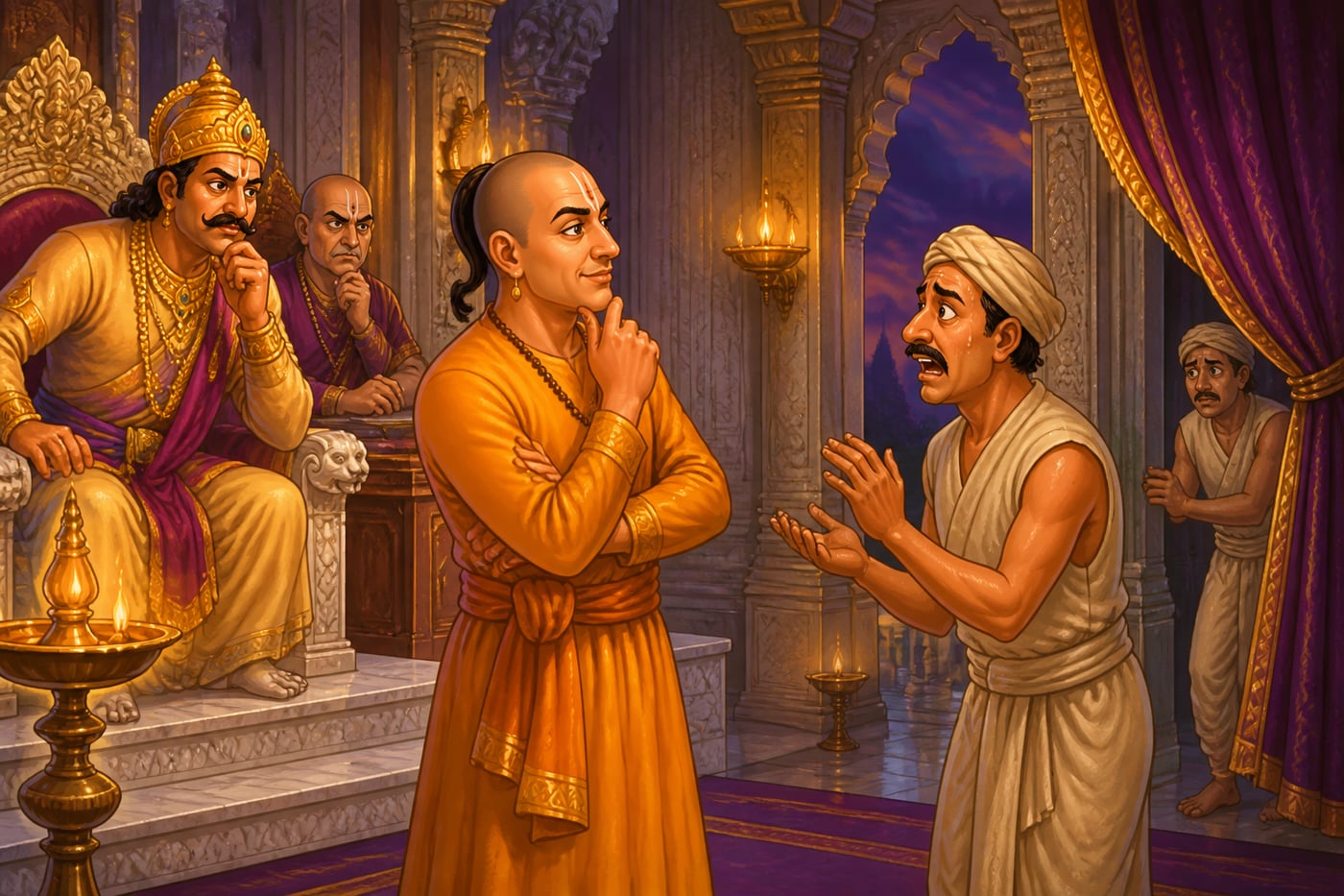 Tenali questioning the two false witnesses one at a time in the throne hall