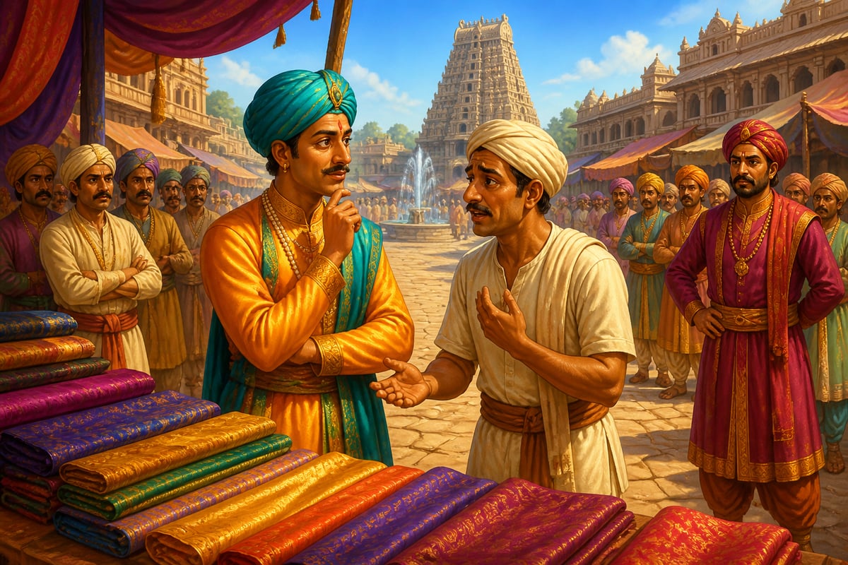 Tenali questioning the merchants' witnesses separately in the silk market
