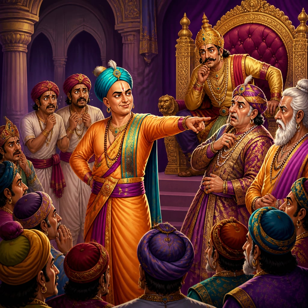 Tenali points at the guilty minister in the throne hall, exposing the bribery as the king leans forward in dawning understanding.