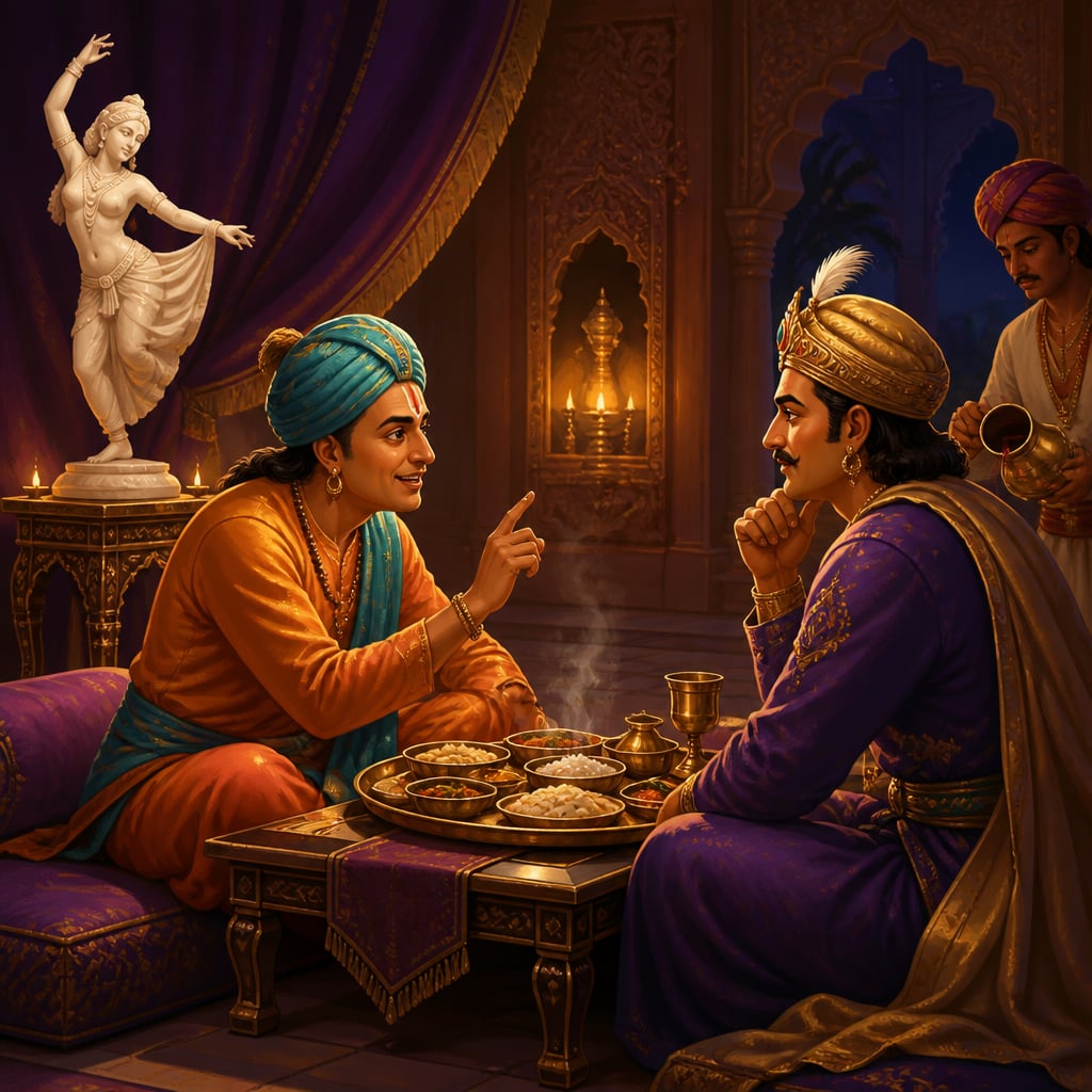 Tenali speaks his measured truth to the king at evening dinner, the delicate marble sculpture beside them in the lamplit chamber.