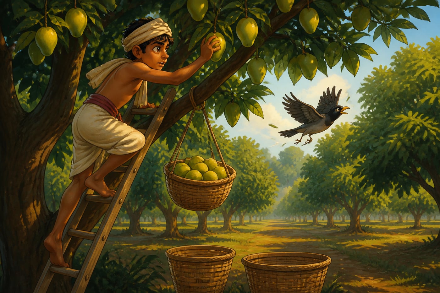 Young gardener Raju eagerly picking unripe mangoes too early in the royal orchard
