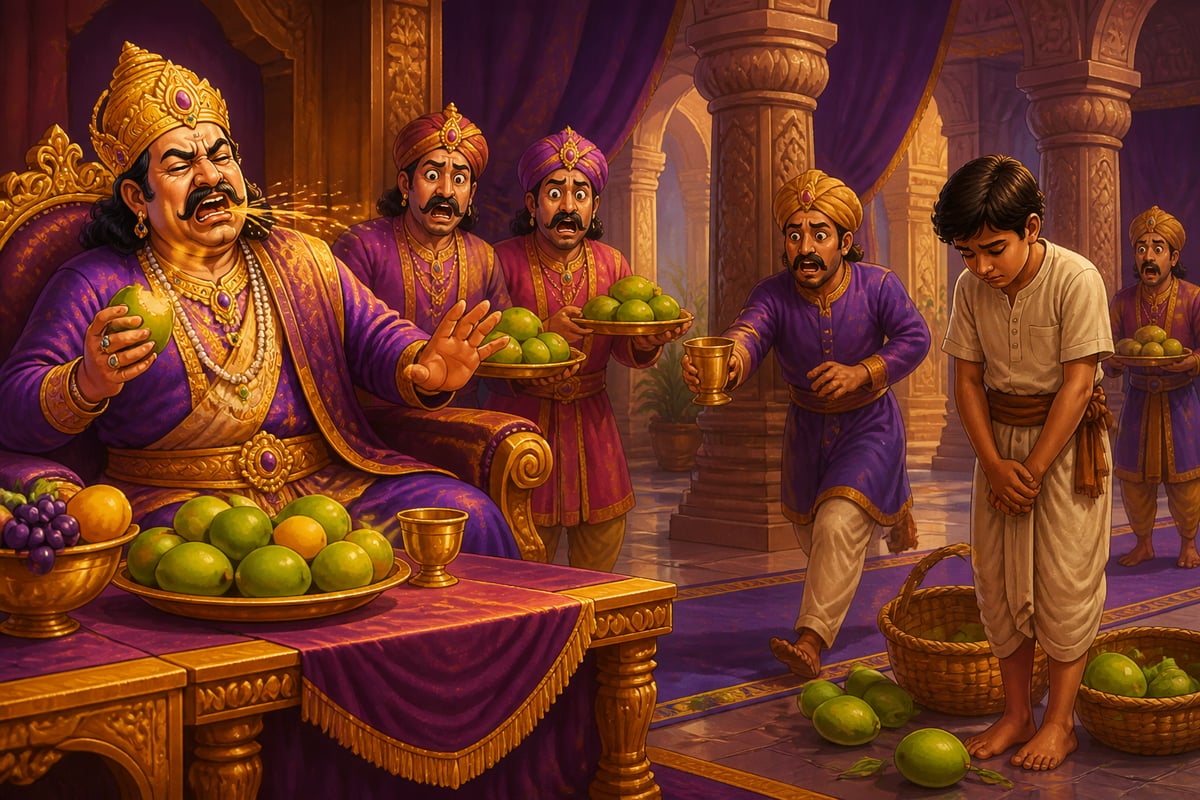 King Krishnadevaraya spitting out the sour mango as Raju freezes in mortification