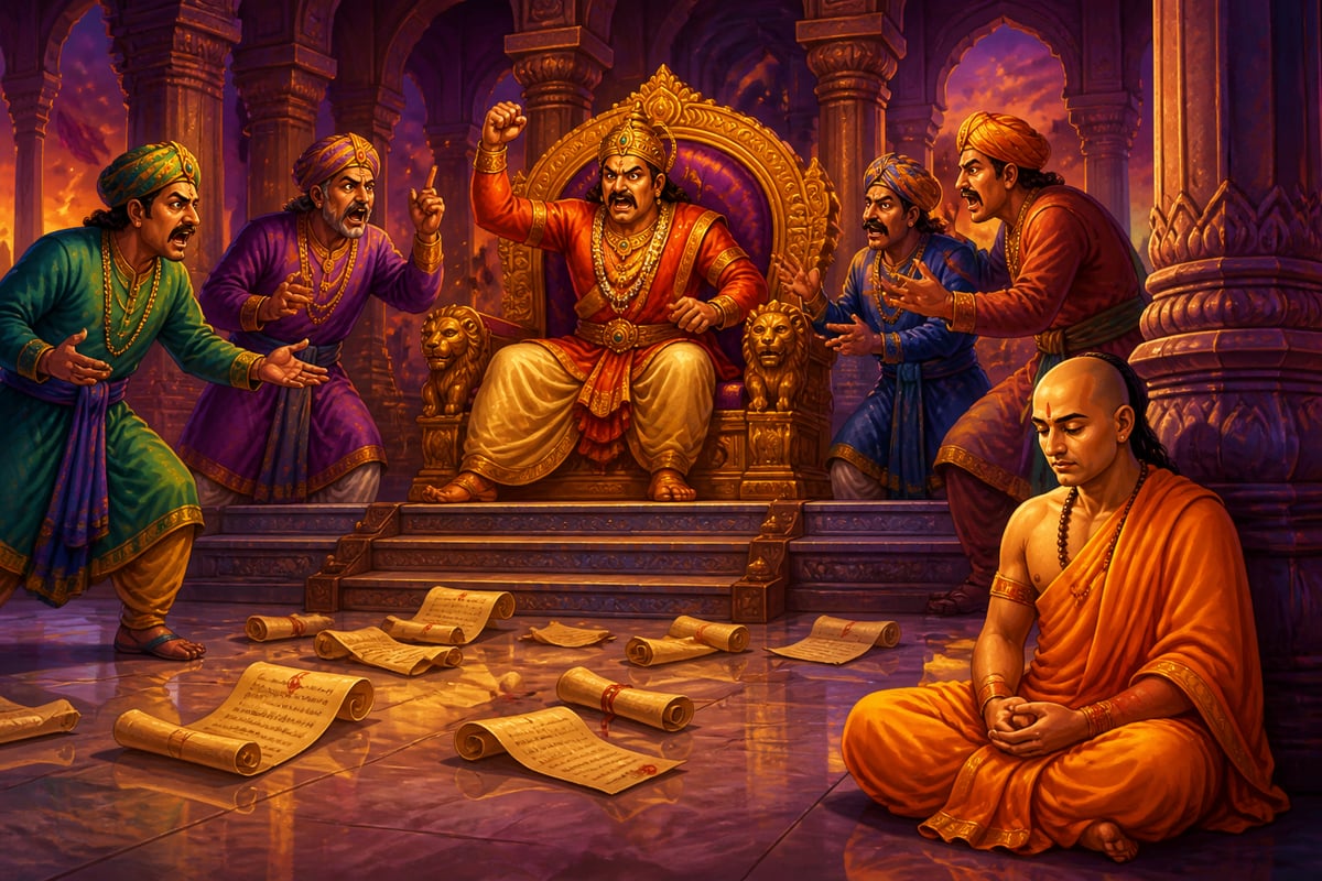 King Krishnadevaraya roaring in fury as ministers shout, Tenali silent in his corner
