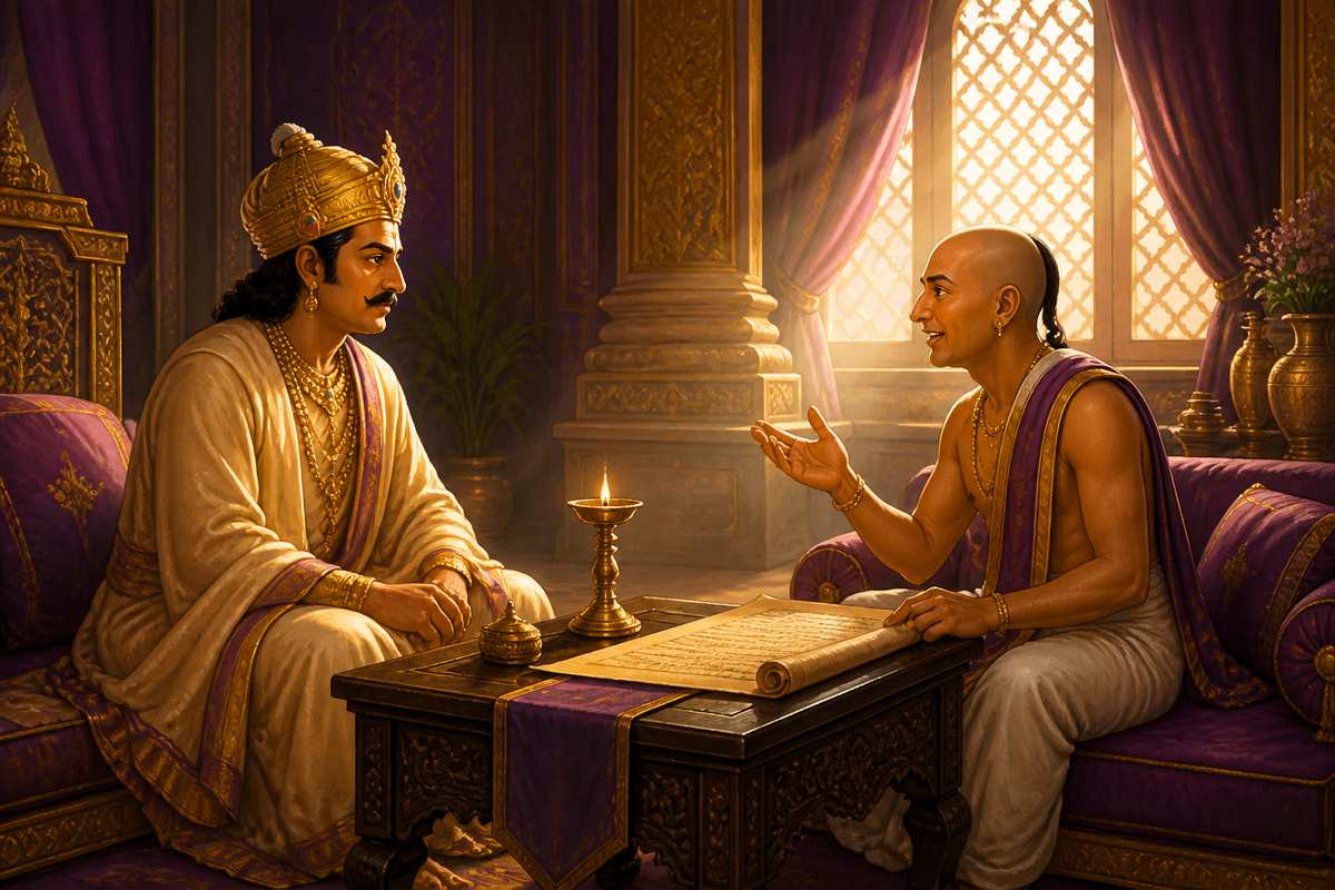 The next morning in private chambers, the king receiving Tenali's calm counsel