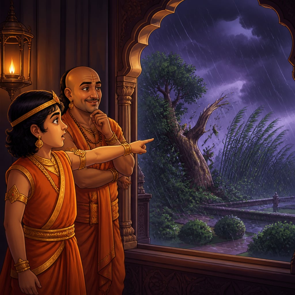 Tenali and the young prince at a tall palace window watching the storm crack the oak tree while the bamboo bends and survives.