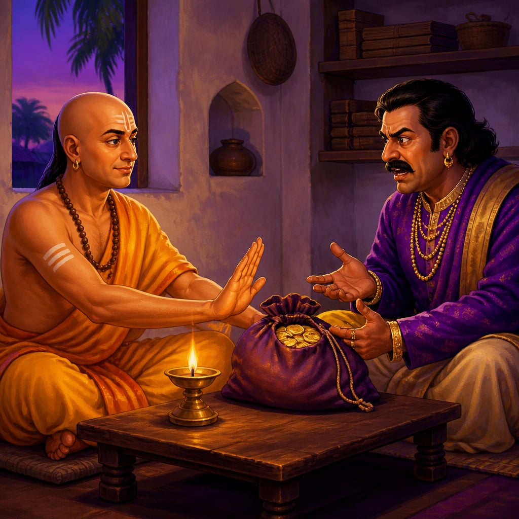 Tenali pushes the bag of gold coins back across the candlelit table, refusing the merchant Suryaprakash's bribe.