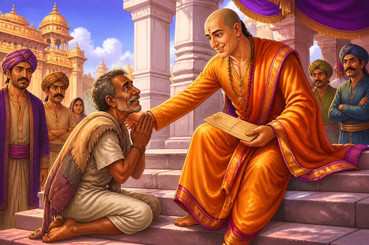 The grateful farmer kneeling in tears at Tenali's feet after winning the case