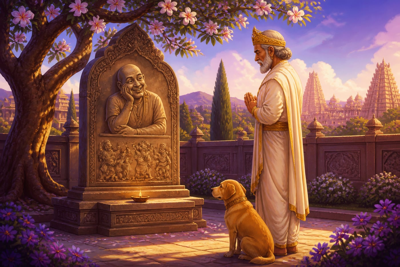 King Krishnadevaraya keeping his promise at Tenali's memorial inscription
