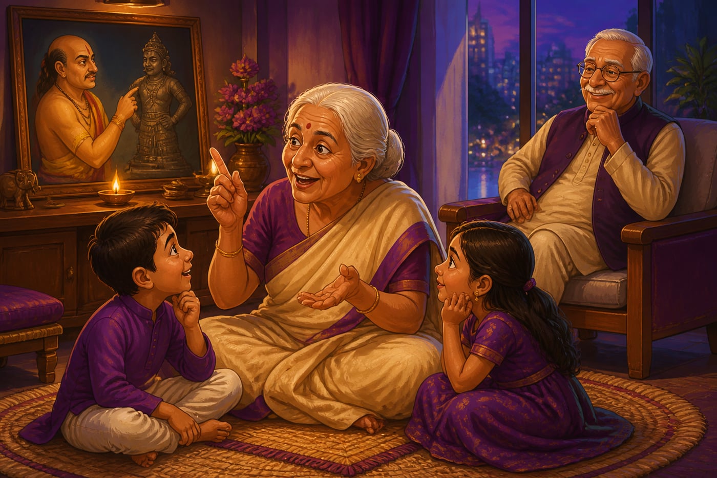 A modern grandmother telling Tenali Rama stories to her grandchildren five centuries later
