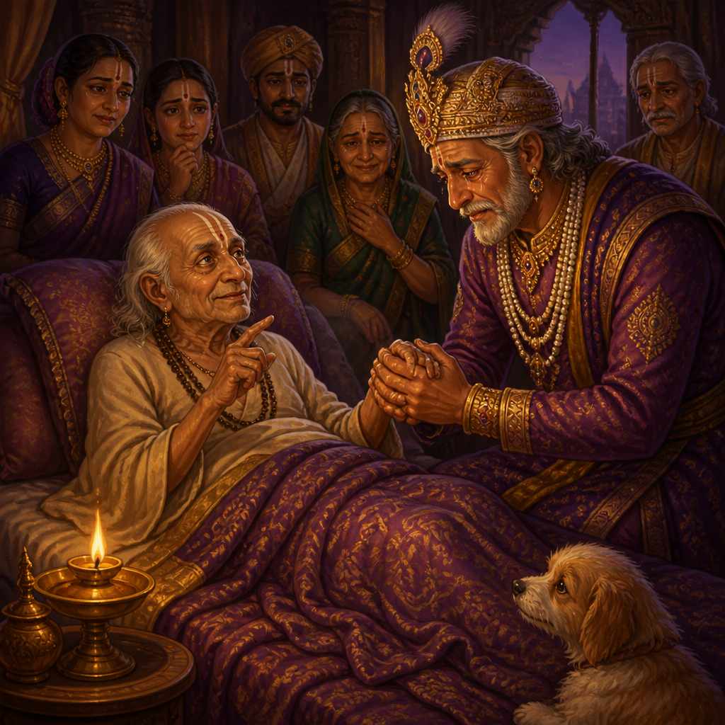 Old Tenali on his deathbed makes his final witty request to the aged King Krishnadevaraya at his bedside.