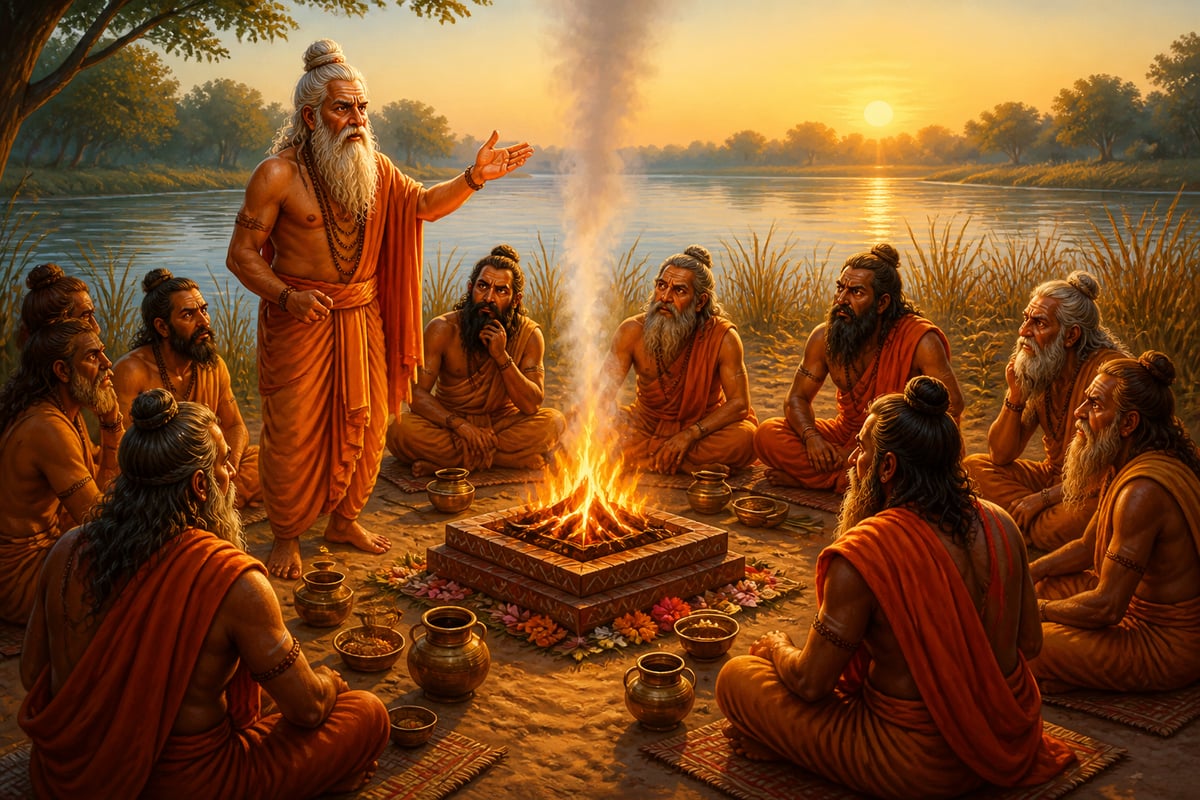 Sages arguing around a yagna fire on the Saraswati
