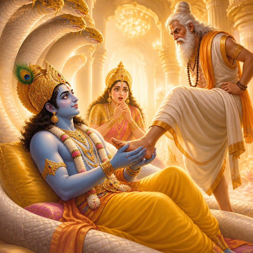 Vishnu calmly holding Bhrigu's foot after the kick