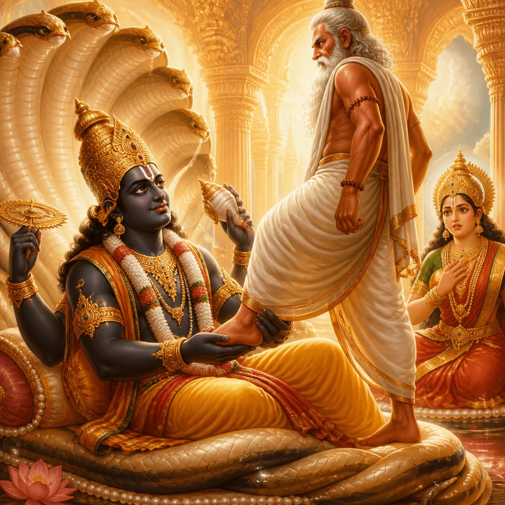 Vishnu calmly holding Bhrigu's foot after the kick