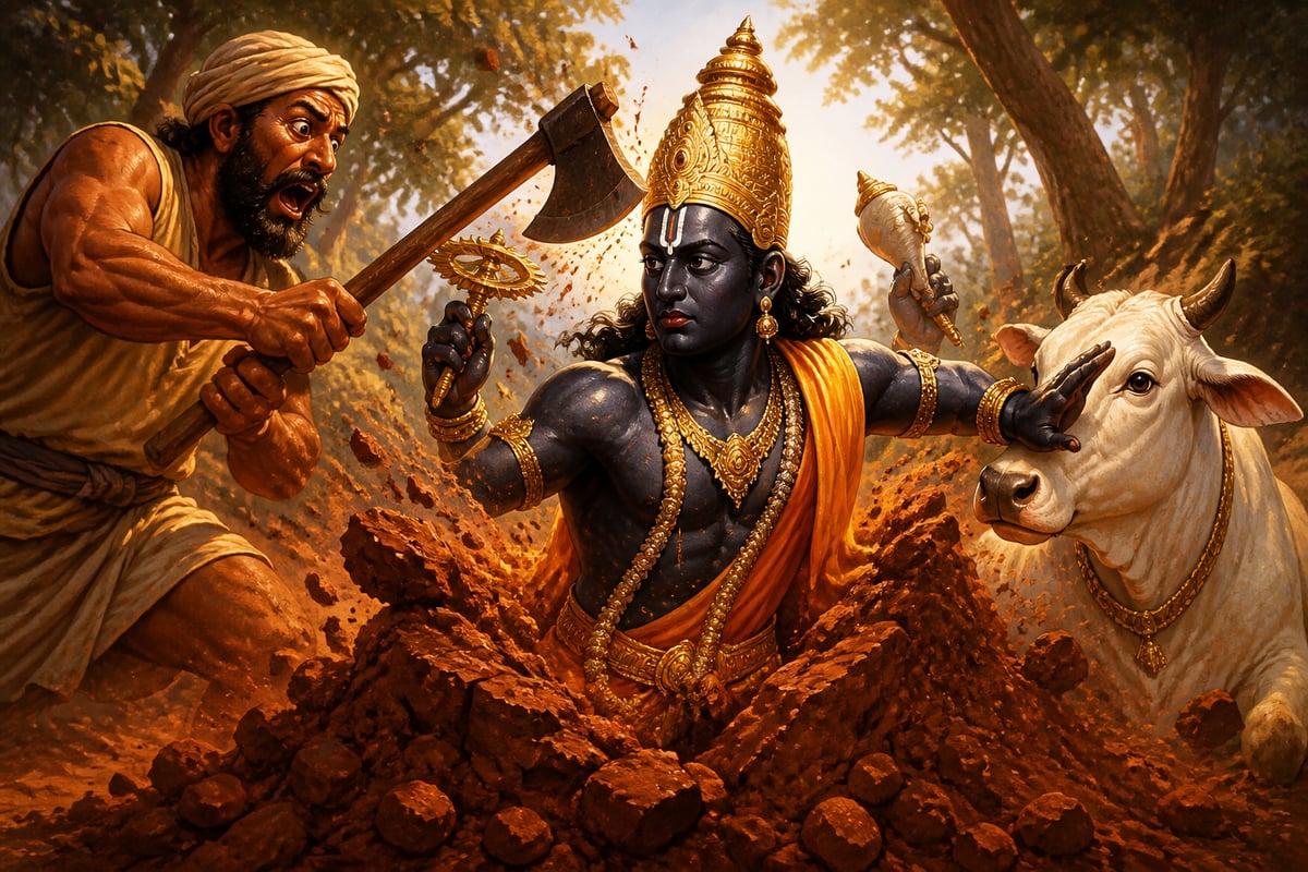 Srinivasa rising between the axe and the cow