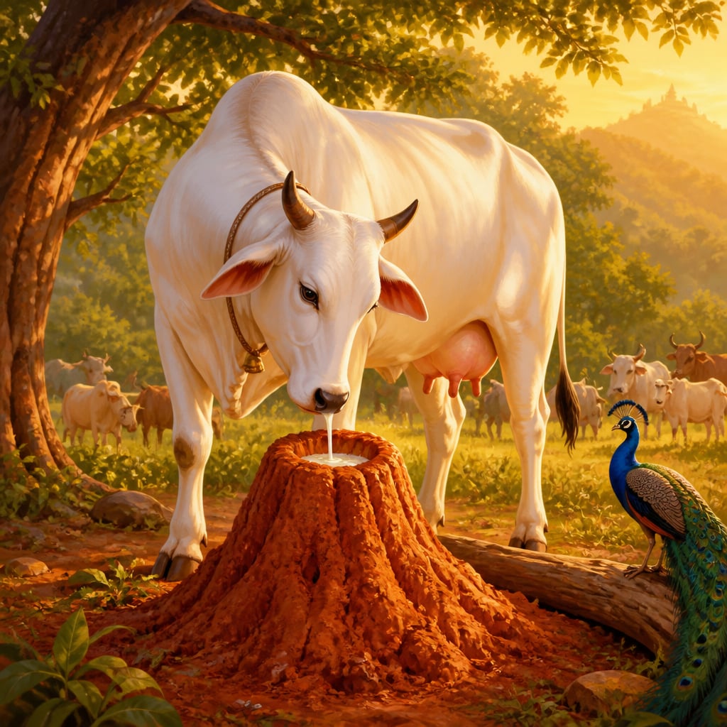 The cow pouring her milk over the anthill