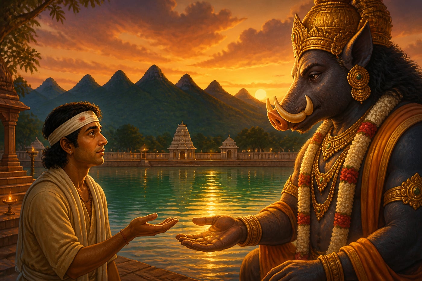 Srinivasa asking Varaha for land on the hill