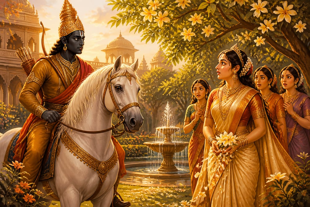 Srinivasa and Padmavati meet in the garden