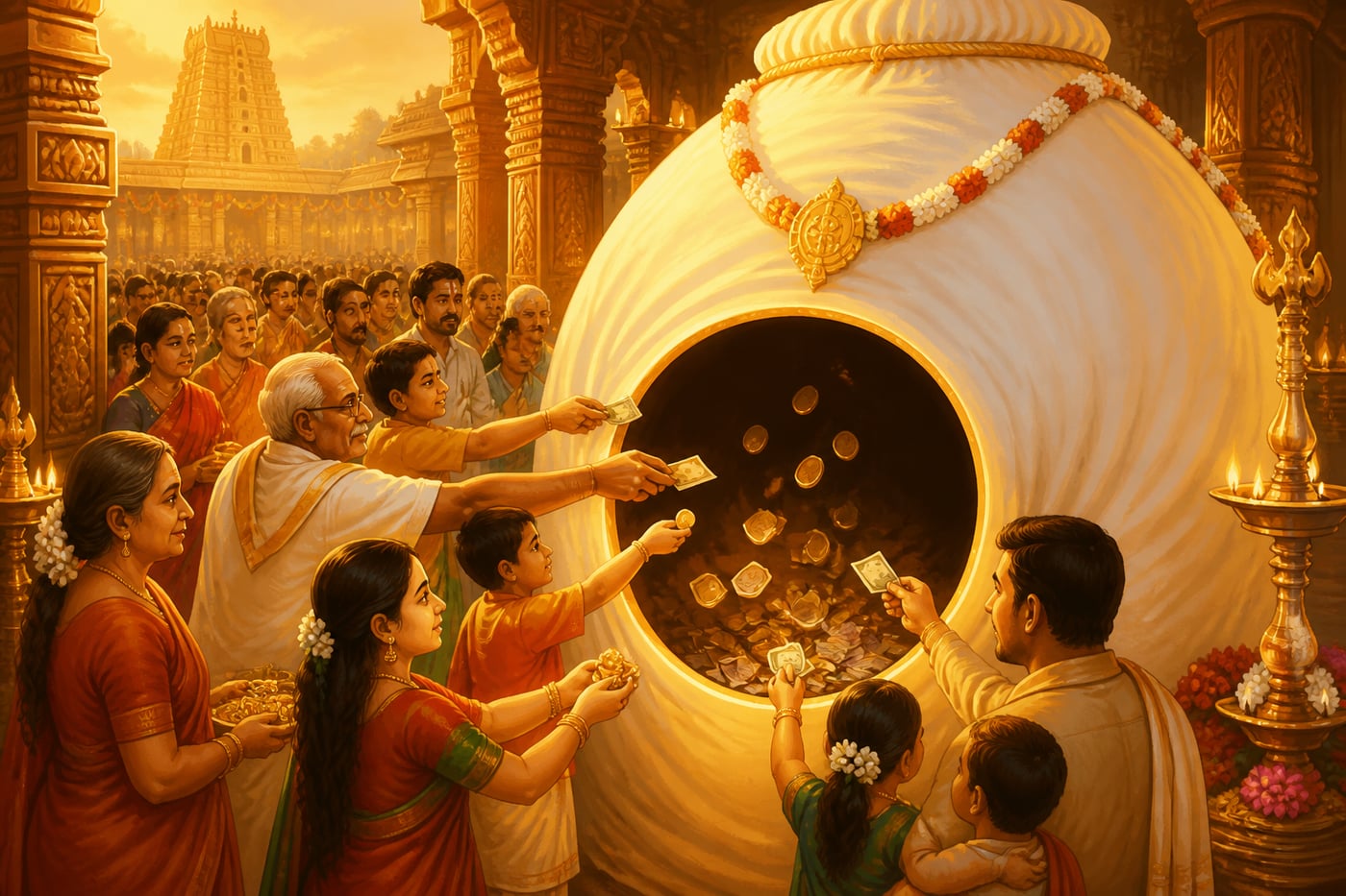Pilgrims dropping offerings into the hundi