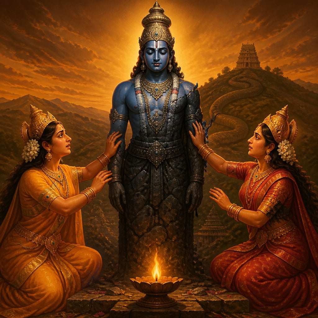 Srinivasa turning to stone between the goddesses