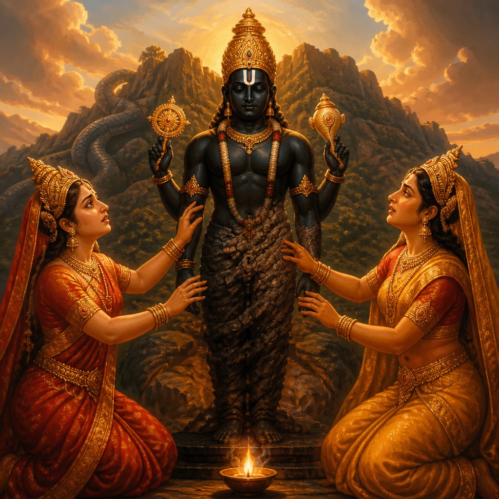 Srinivasa turning to stone between the goddesses