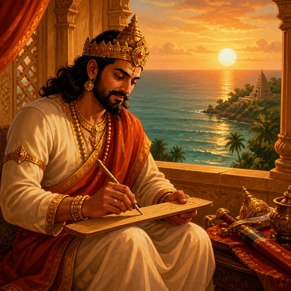 King Kulasekara composing verse on palm leaf