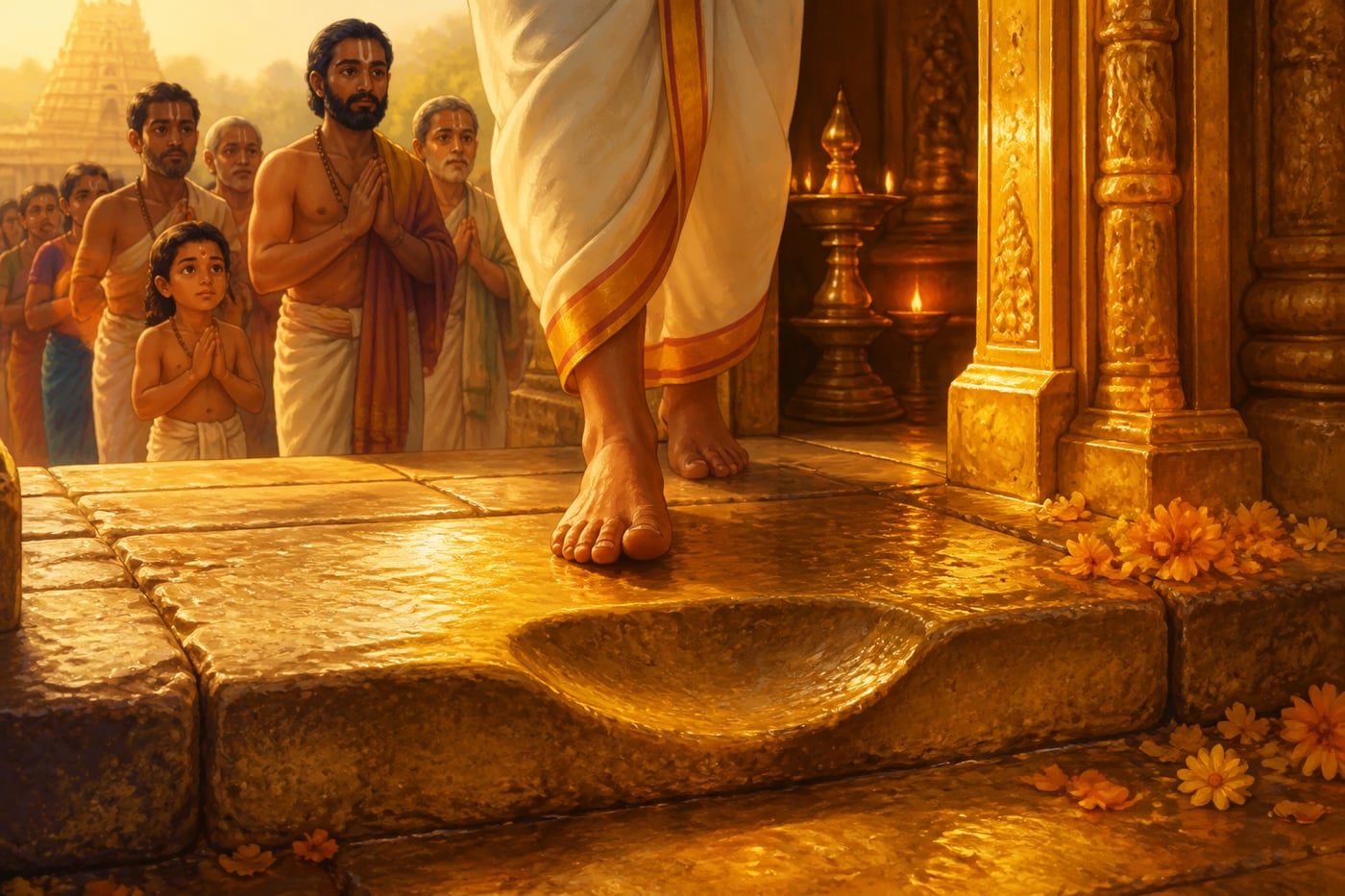 The threshold step worn smooth by pilgrim feet