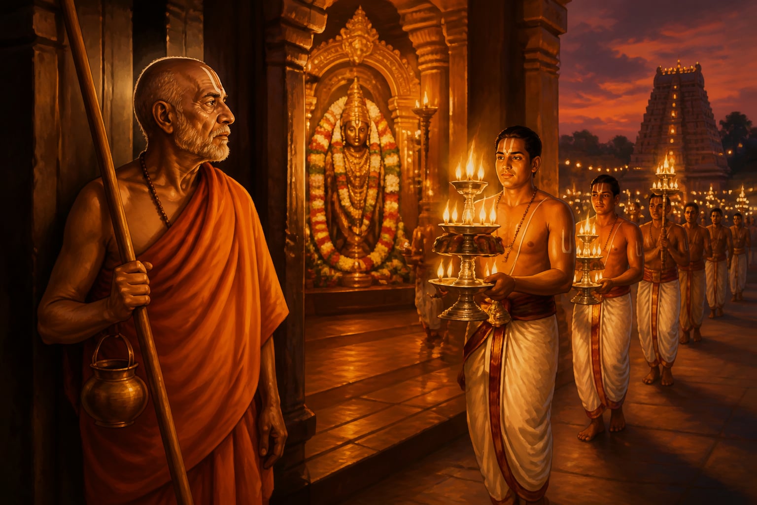 A Jeeyar monk supervising the evening ritual