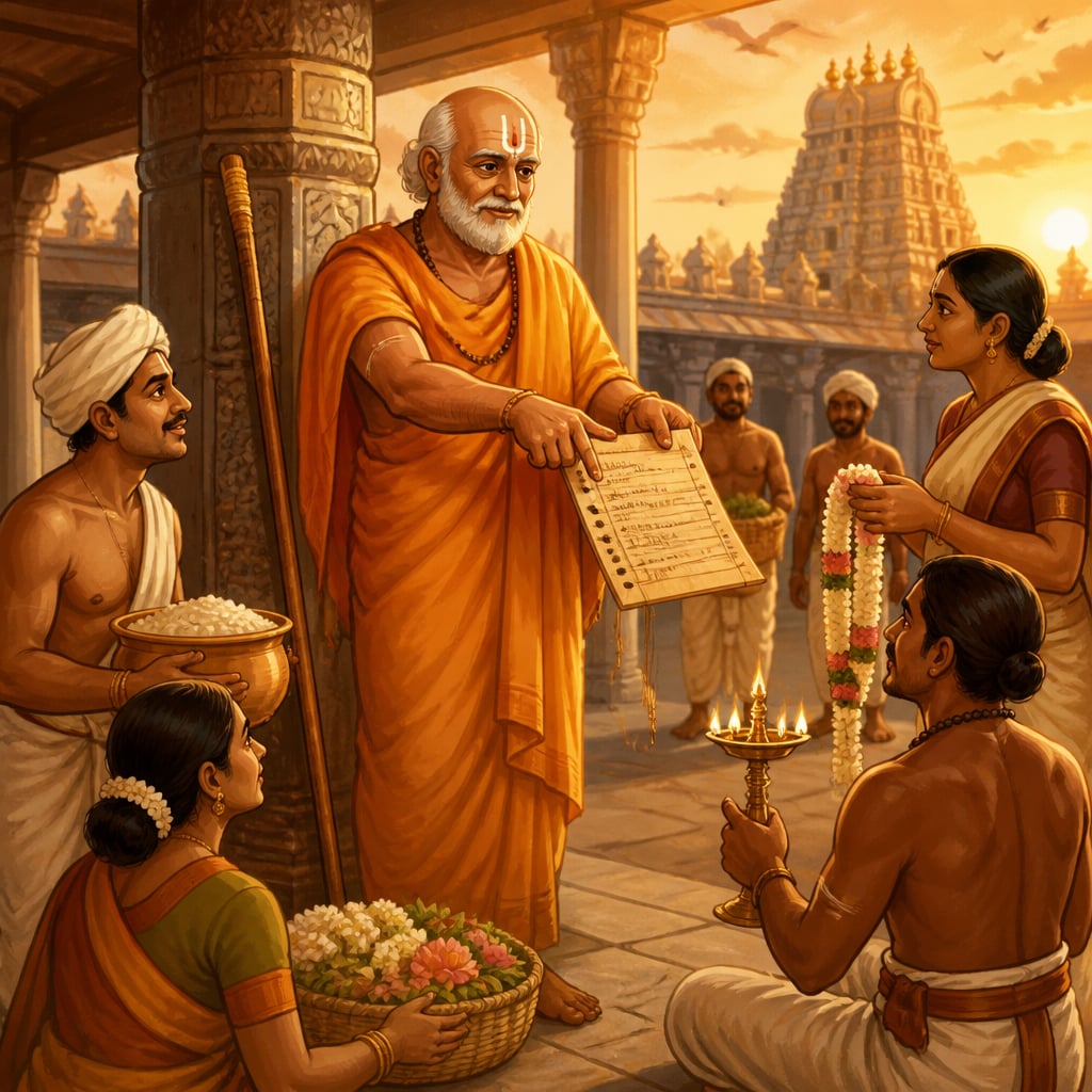 Ramanuja assigning temple duties from a roster