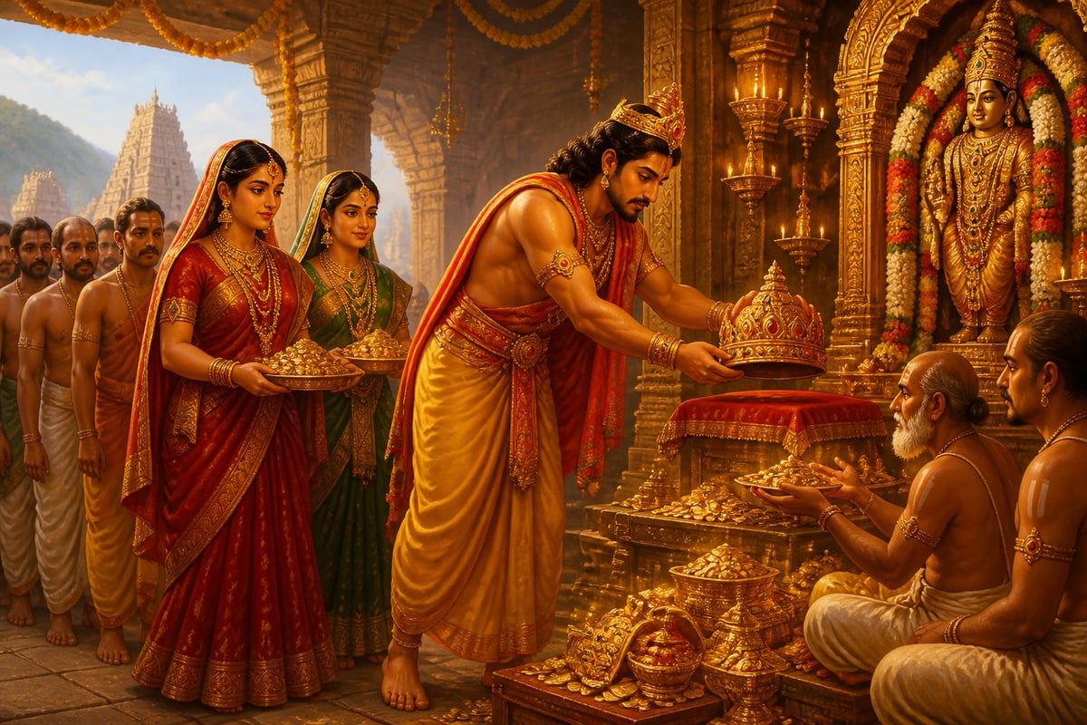 The emperor offering his crown to the deity