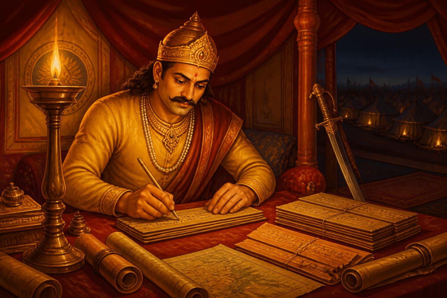 Krishnadevaraya writing poetry in his war tent