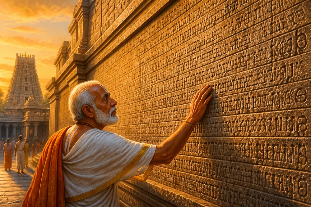 A pilgrim tracing the wall of thousand inscriptions