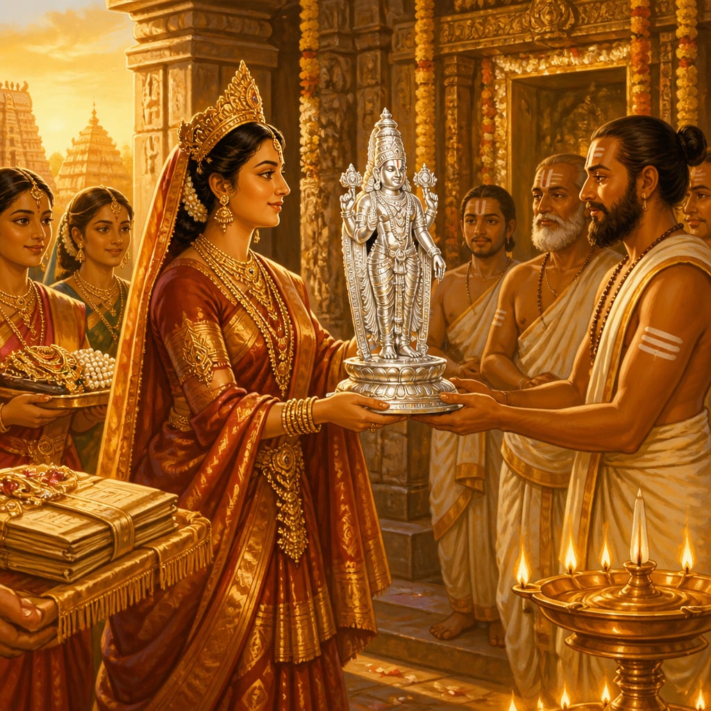 Queen Samavai presenting the silver Srinivasa image