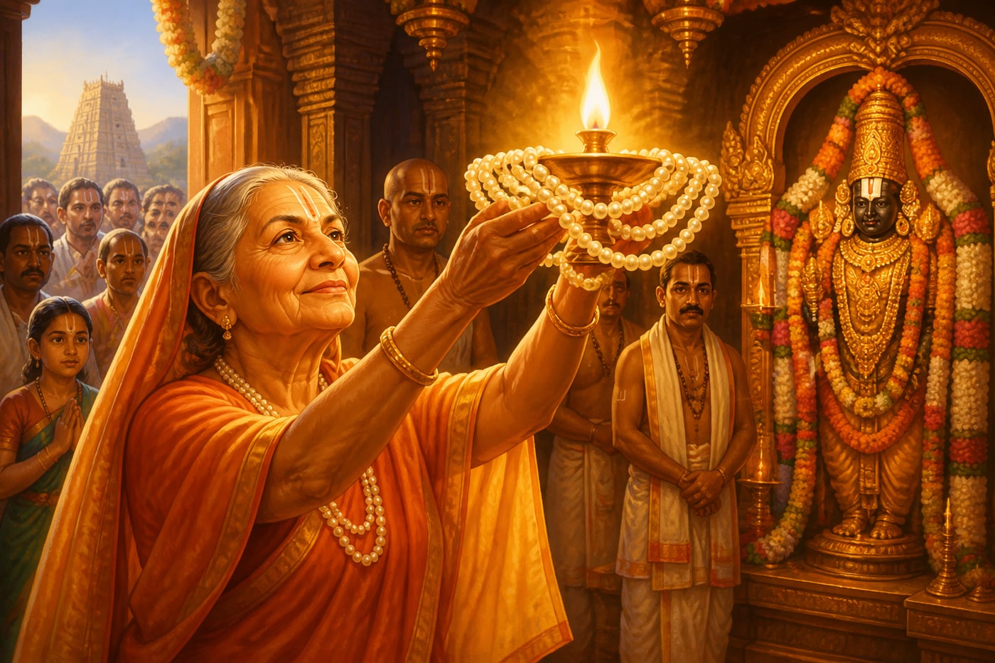 The pearl arati offered by the returned Vengamamba